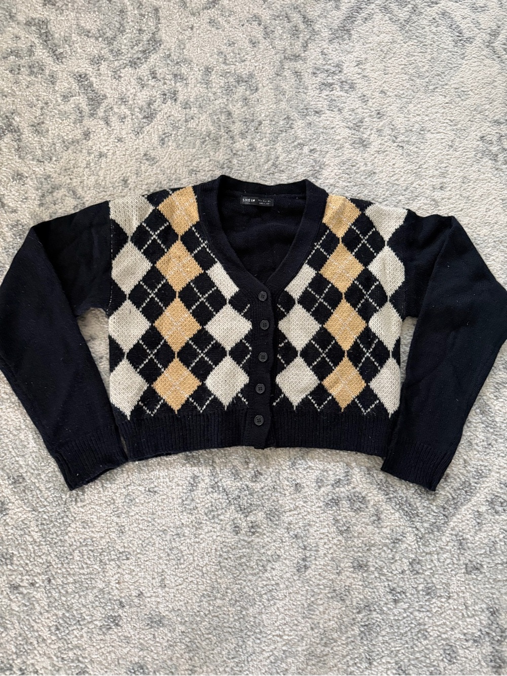 SHEIN Black V-Neck Argyle Cropped Cardigan with Cream & Tan Diamonds